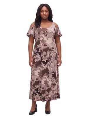 Elevate V-Neck Cold Shoulder Ruffle Sleeve Wide A-Line Floral Maxi Dress