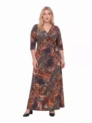 Elevate Animal Print Mid Sleeve V-Neck Wrap Waist Slit Long Dress by 24seven Comfort Apparel