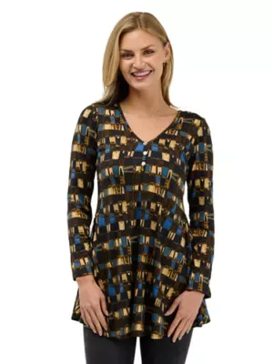 Essential Geometric Flared Long Sleeve Henley Tunic Top by 24seven Comfort Apparel