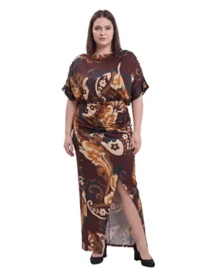 Elevate Floral Paisley Boat Neck Batwing Sleeve Bodycon Front Slit Long Maxi Dress by 24seven Comfort Apparel