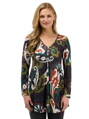 Essential Paisley Floral Flared Long Sleeve Henley Tunic Top by 24seven Comfort Apparel