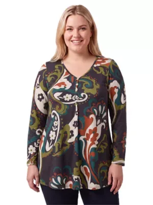 Essential Paisley Floral Flared Long Sleeve Henley Tunic Top by 24seven Comfort Apparel