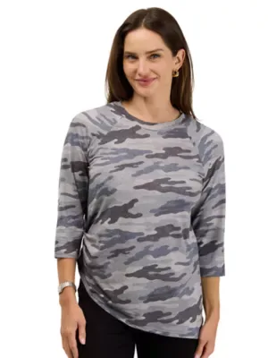 Basic Soft Stretch Three-Quarter Sleeve Camouflage Top by 24seven Comfort Apparel