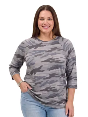 Basic Soft Stretch Three-Quarter Sleeve Camouflage Top by 24seven Comfort Apparel