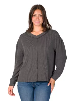 Essential V-Neck Long Sleeve Ribbed Knit Top by 24seven Comfort Apparel