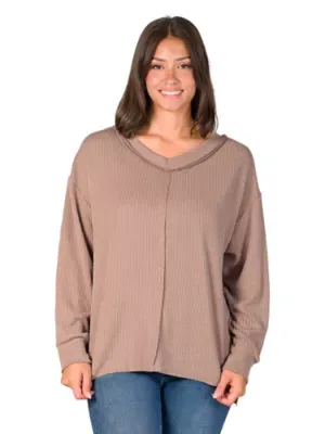 Essential V-Neck Long Sleeve Ribbed Knit Top by 24seven Comfort Apparel