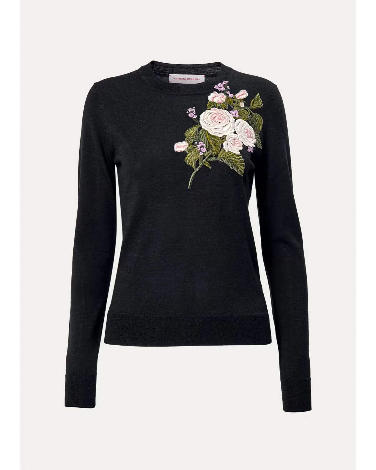 Floral Embroidered Crewneck Wool Sweater by Carolina Herrera