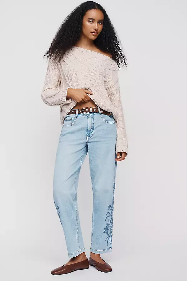 Jules Embroidered Mid Rise Straight Leg Jeans by Pilcro