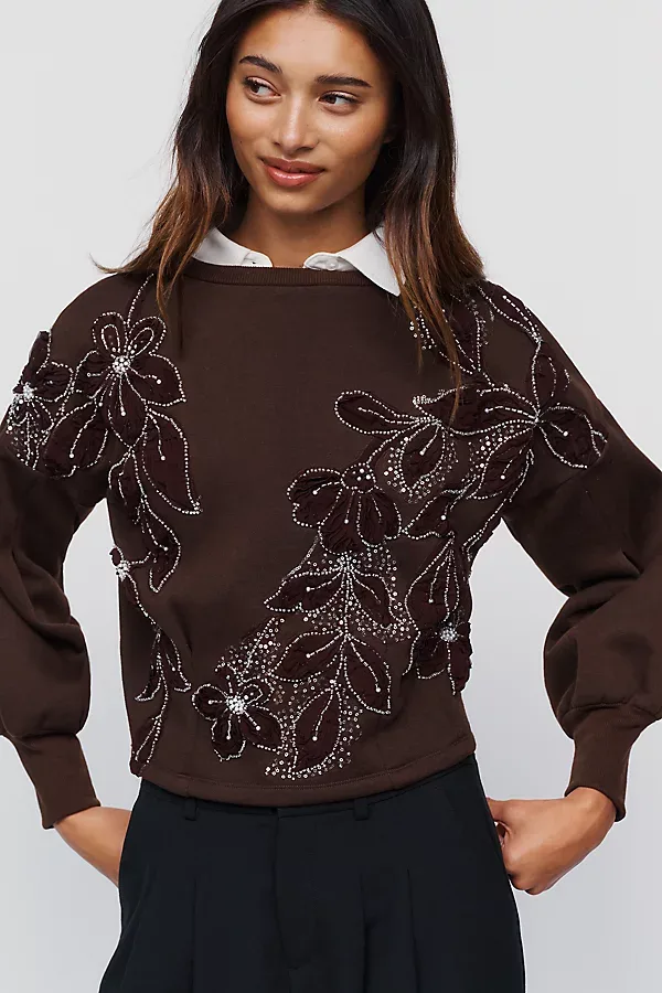 Cotton Blend Embellished Crewneck Sweatshirt by Ollari