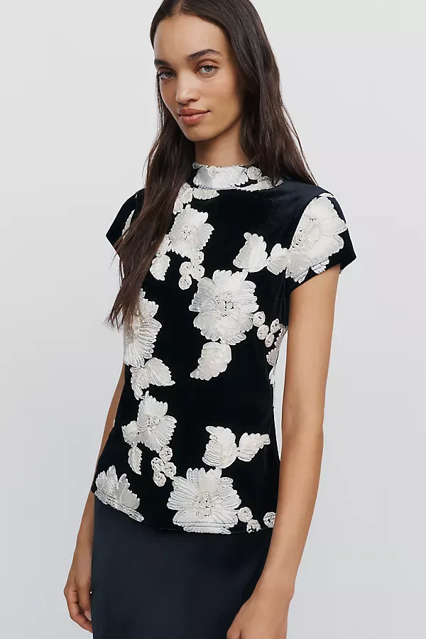 Velvet Floral Applique Mock Neck Top by Flat White