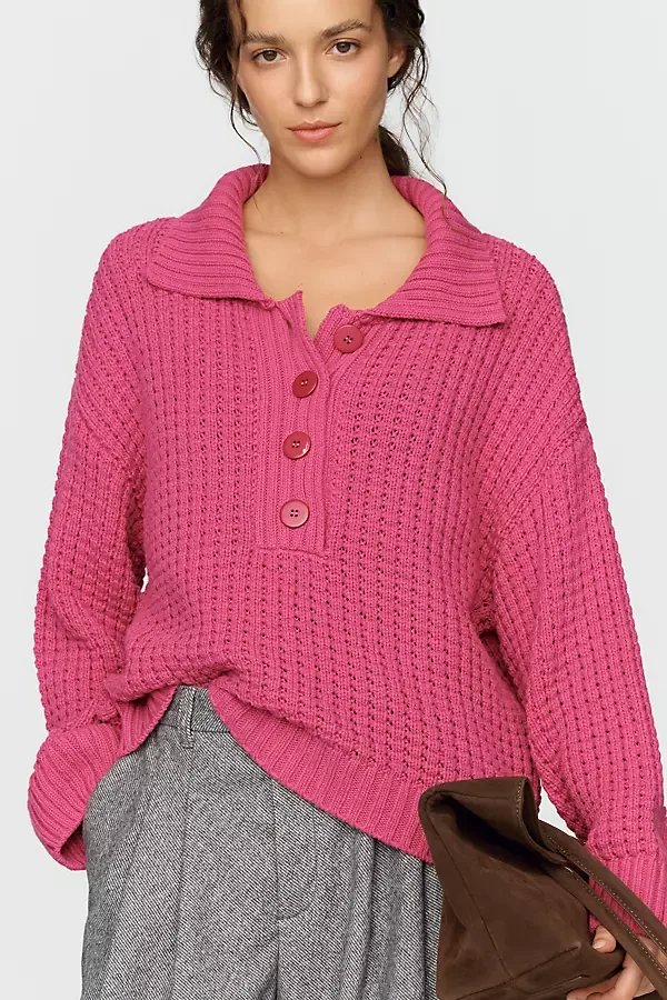 Cotton Blend Waffle Knit Henley Sweater by Pilcro
