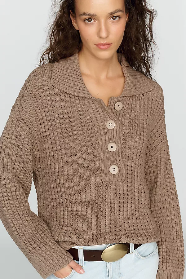 Cotton Blend Waffle Knit Henley Sweater