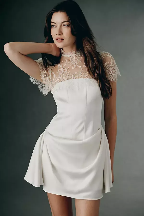 Satin Lace Mock Neck Mini Dress by BHLDN