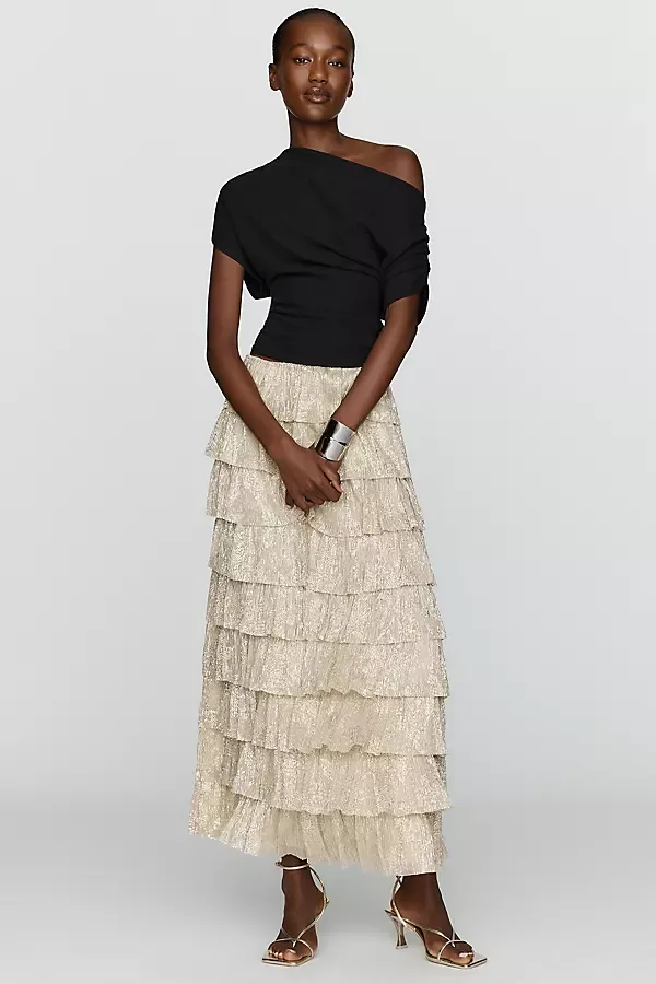 Tiered Metallic Maxi Skirt by Anthropologie