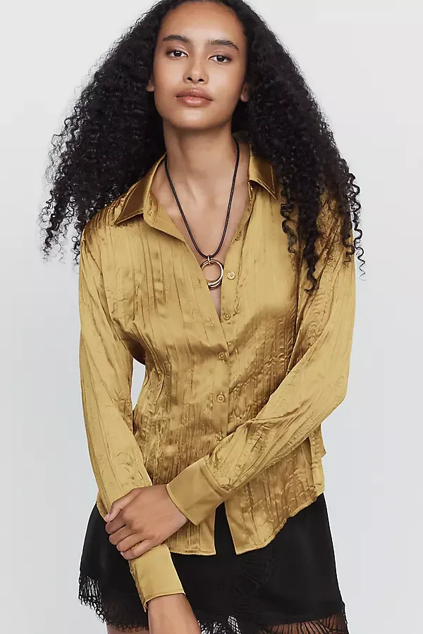 Long-Sleeve Ruffled Silken Blouse by Anthropologie