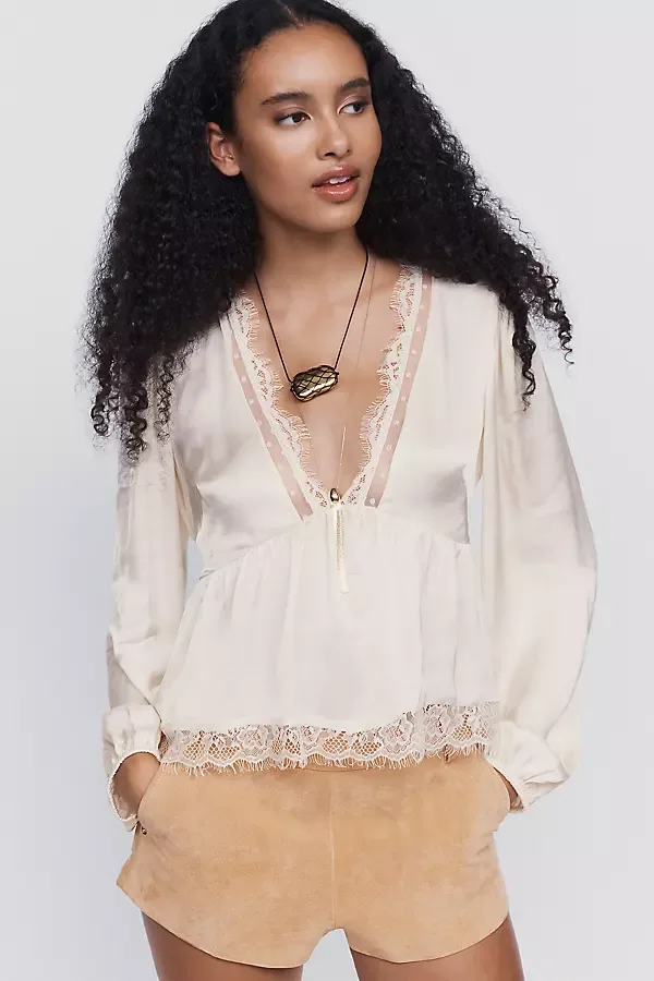 Satin Lace Trimmed Plunge Blouse by Anthropologie