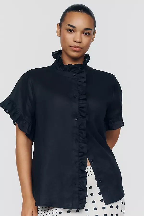 Linen Blend Ruffle Shirt Top by English Factory