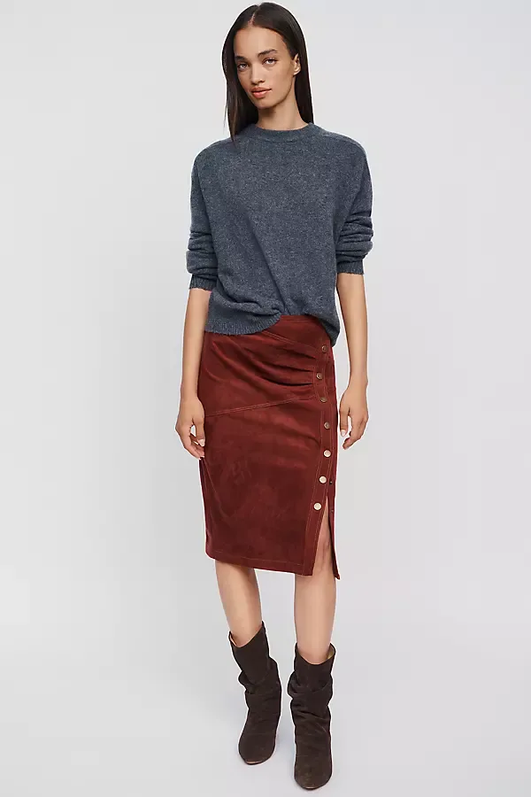 Faux Suede Side Button Midi Skirt