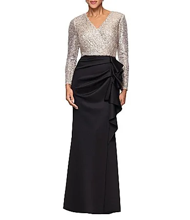 V Neck Long Sleeve Cascading Ruffle Sequin Detail Long Gown