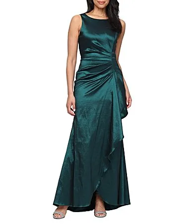 Taffeta Ruched Waist Cascade Gown