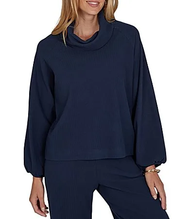 Coordinating Premium Ribbed Knit Cowl Neck Long Bubble Sleeve Top