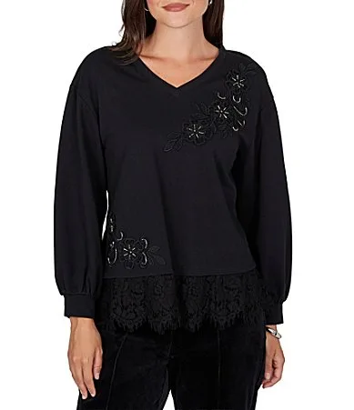 French Terry Beaded Lace Detail V-Neck Long Sleeve Top