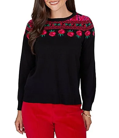 Heritage Knit Rose Vine Boat Neck Long Sleeve Sweater