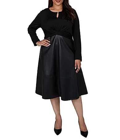 Ponte Knit Faux Leather Shaped Fit and Flare Boat Neck Long Sleeve Midi Dress