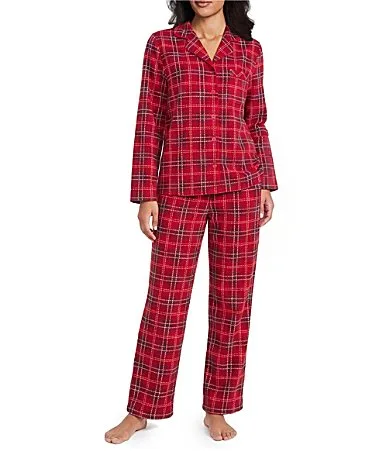 Plaid Print Long Sleeve Notch Collar Fleece Long Pajama Set