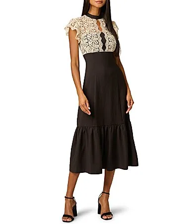 Mock Neck Flutter Sleeve Lace Top Dress
