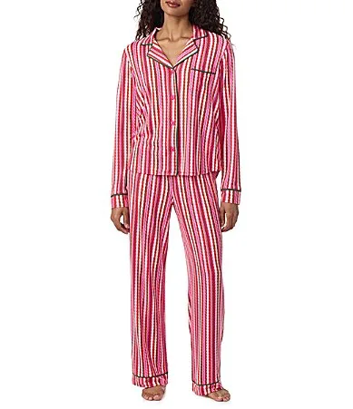 Party Popper Pink Print Notch Collar Long Sleeve Jersey Knit Long Pajama Set