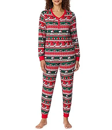 Snoopy Peppermint Print Long Sleeve Henley Neck Jersey Knit Jogger Pajama Set