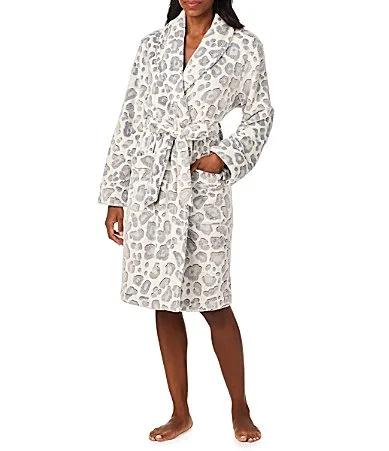 Animal Print Long Sleeve Shawl Collar Frosted Jacquard Chenille Short Wrap Robe