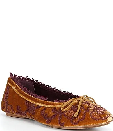 Clara Velvet Bow Flower Embroidery Ballet Flats by Copper Key