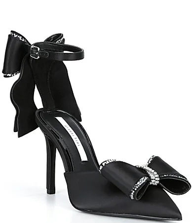 Ribbon Satin Rhinestone Embellished Bow Stiletto Pumps