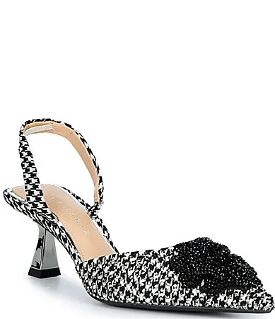 Geneva Houndstooth Flower Ornament Slingback Pumps by Alex Marie