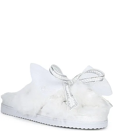 Pearlee Pearl and Rhinestone Embellished Bow Faux Fur Slippers by Gianni Bini