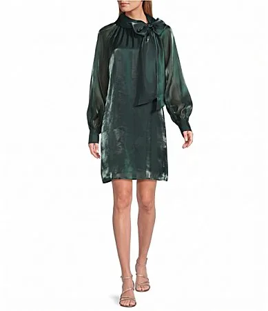 Lana Mock Neck Long Sleeve Metallic Organza Shift Dress