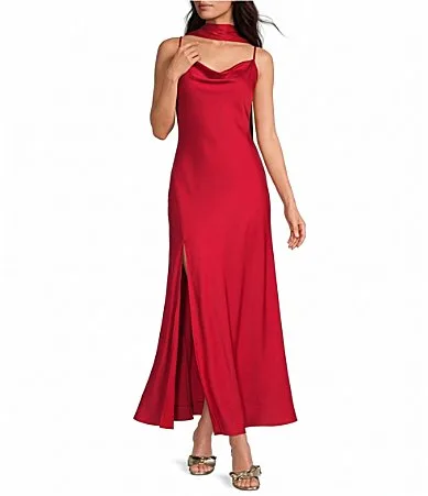 Cameron Scarf Cowl Neck Sleeveless Satin Maxi Dress