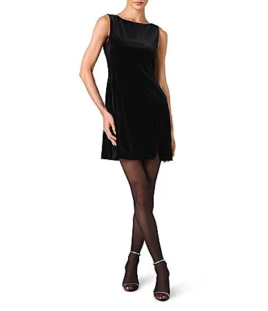 Caramia Stretch Velvet Round Neck Sleeveless Slit Hem A-Line Mini Dress