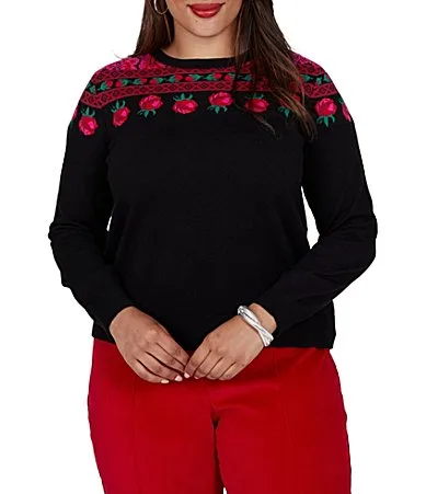 Heritage Knit Rose Vine Boat Neck Long Sleeve Sweater