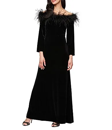 Stretch Velvet Maribou Off the Shoulder Neckline 34 Sleeve Gown