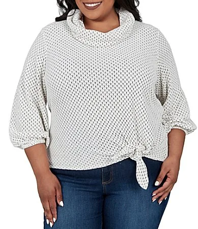 Honeycomb Chenille Knit Cowl Neck 34 Sleeve Side Tie Top by Ruby Rd