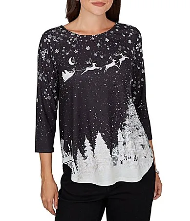 Santa Flying Sleigh Snowflake Crew Neck 34 Sleeve Top