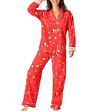 PJ Salvage Dog Print Love You a Brunch Embroidered Long Sleeve Notch Collar Flannel Pajama & Headband Set