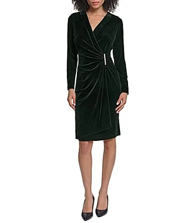 Karl Lagerfeld Paris Long Sleeve Velvet Faux Wrap Dress