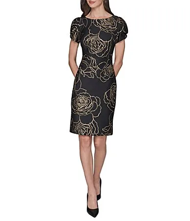 Karl Lagerfeld Paris Puff Sleeve Foil Flower Print Sheath Dress