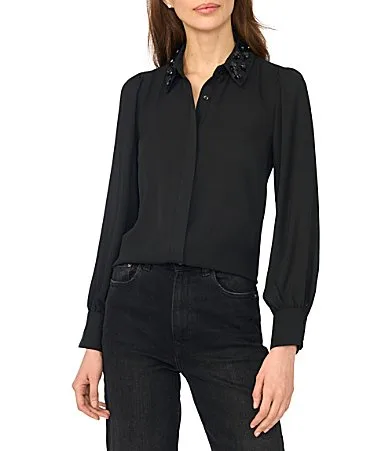CeCe Long Sleeve Embellished Collar Button Down Crepe Blouse