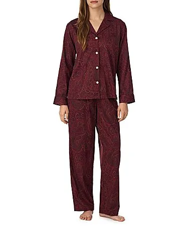 Lauren Ralph Lauren Red Paisley Print Long Sleeve Notch Collar Woven Sateen Pajama Set