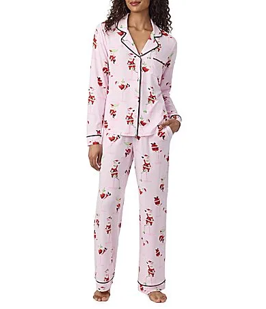 Sippin with Santa Pink Print Notch Collar Long Sleeve Jersey Knit Long Pajama Set